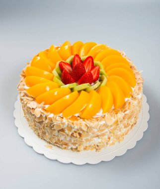 kek veya bir arka plan üzerine meyveli kek.