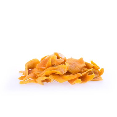Kurutulmuş mango veya kurutulmuş mango dilimleri yeni bir arka planda.