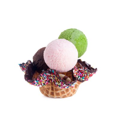 Dondurma kepçesi ya da yeni arka planda dondurmalı waffle kasesi.