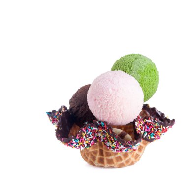 Dondurma kepçesi ya da yeni arka planda dondurmalı waffle kasesi.