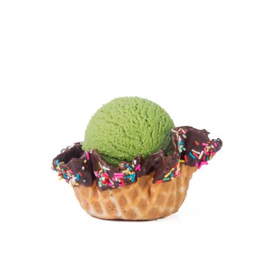 Dondurma kepçesi ya da yeni arka planda dondurmalı waffle kasesi.