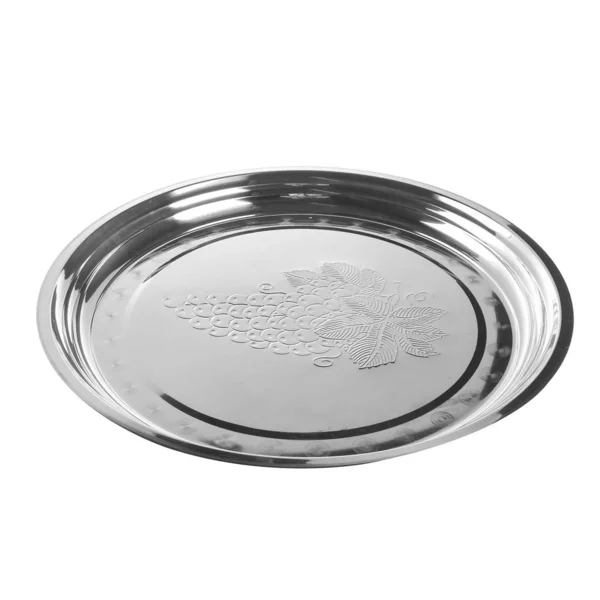 Plate or stainless steel food plate on background new. — Stock Photo, Image