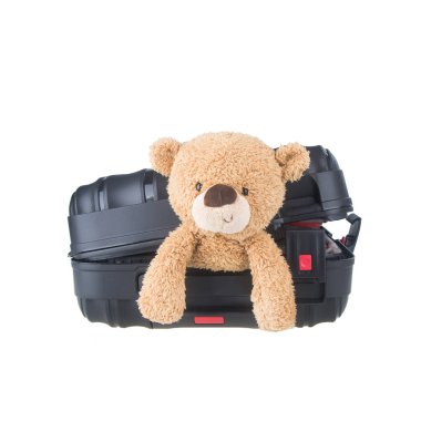 Oyuncak ayı yeni bir konseptle bagajda oturuyor..