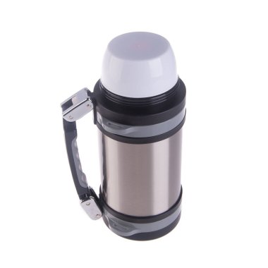 Arka planda paslanmaz çelikten termodinamik ya da termo matara.