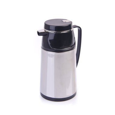 Arka planda paslanmaz çelikten termodinamik ya da termo matara.