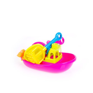 Oyuncak ya da bebek plastik tekne oyuncakları arka planda yeni