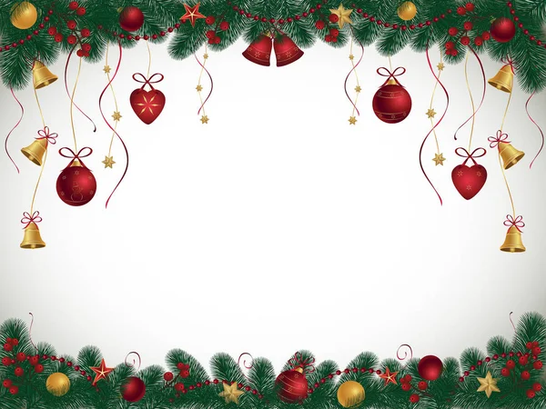 モミの枝、ベルやボールでクリスマスの背景 — ストックベクタ