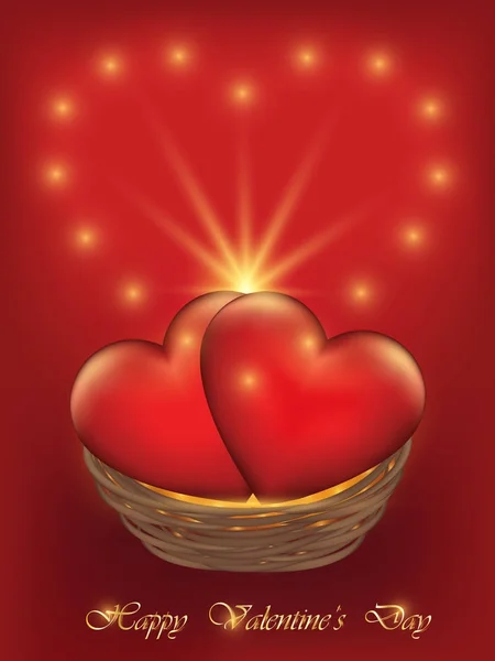 Ημέρα του Αγίου Βαλεντίνου κάρτα με καρδιές σε ένα καλάθι λυγαριά — Διανυσματικό Αρχείο