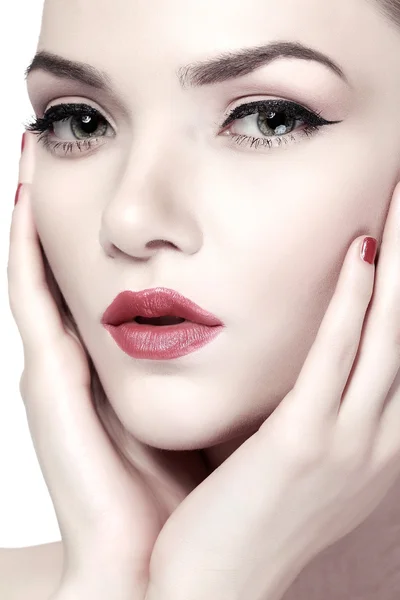 Portrait of young woman with red lips — Stock Photo, Image