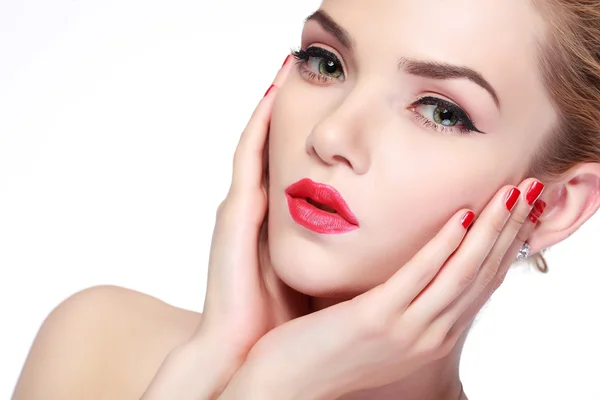 Portrait of young woman with red lips — Stock Photo, Image