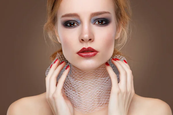 Closeup portrait of sexy young woman with beautiful red lips — Stock Photo, Image