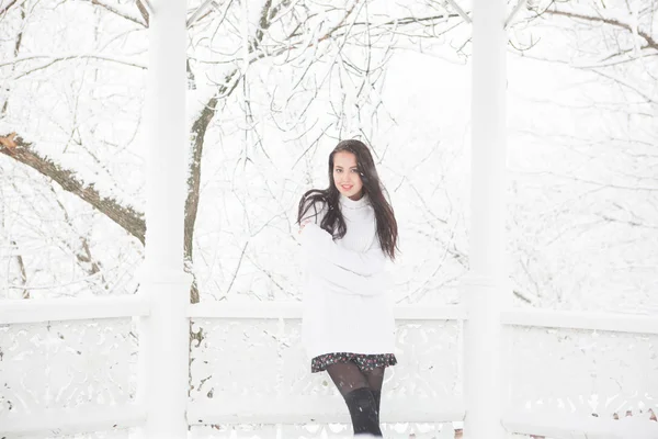 Doce menina bonita em suéter branco em um inverno — Fotografia de Stock