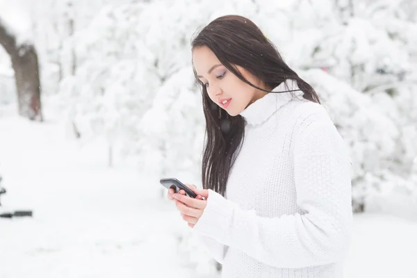 Jovem mulher sorrindo com telefone inteligente e paisagem de inverno — Fotografia de Stock