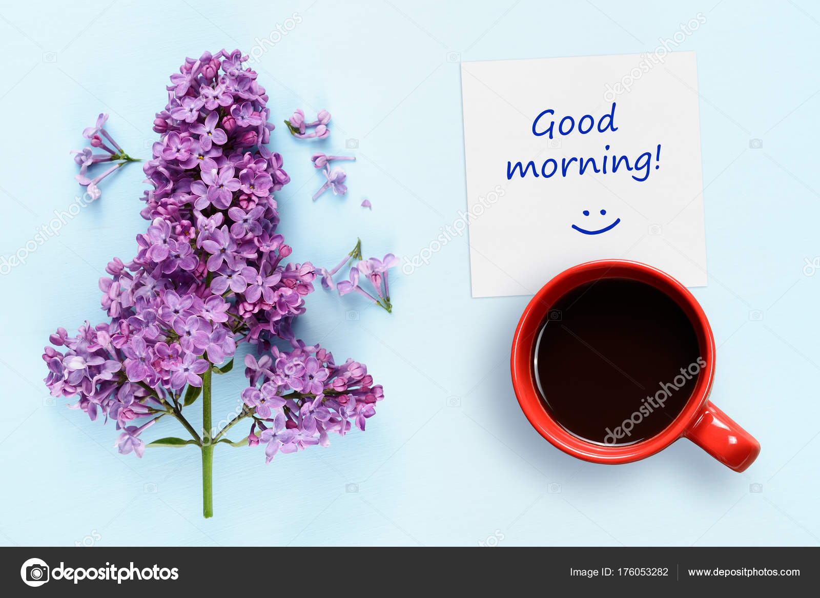 Good Morning Wishes Coffee Cup And Lilac Flowers On Blue