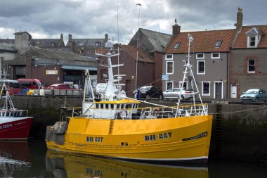 Tekneler ve evleri Eyemouth, İskoçya, Birleşik Krallık'da eski balıkçı kasabası. 07.08.2015