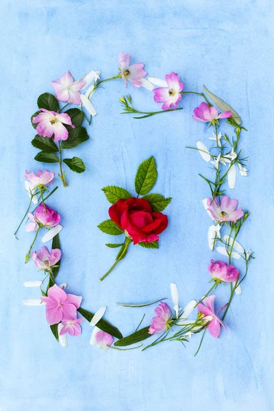 Красива весняна рамка з квітів на синьому пофарбованому фоні — стокове фото