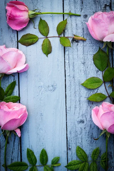 Romântico rosa rosas moldura floral em cinza, fundo de madeira pintado — Fotografia de Stock