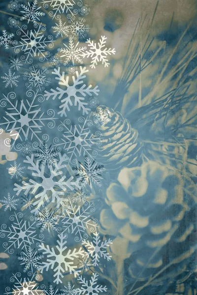 Stilvoller Weihnachtlicher Hintergrund Mit Tannenzapfen Und Schneeflocken Duotone Abstrakte Dekorative — Stockfoto