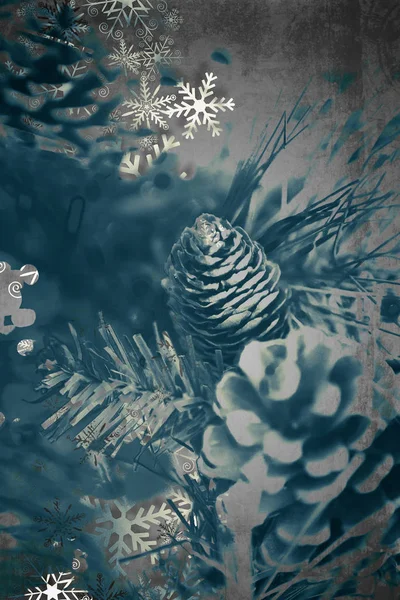 Stijlvolle Kerstmis Achtergrond Met Dennenappels Sneeuwvlokken Duotoon Abstracte Decoratieve Achtergrond — Stockfoto