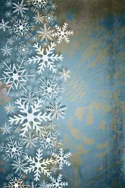 スタイリッシュなクリスマス背景にマツ円錐形、デュオ トーンでの雪片. — ストック写真