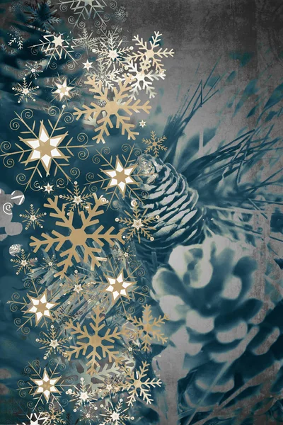 Elegante fondo cristiano en duótono con conos de pino y copos de nieve dorados y estrellas —  Fotos de Stock