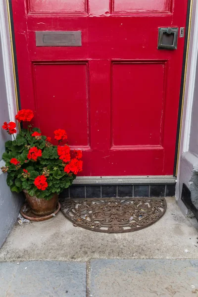 Red door with red geranium flowers