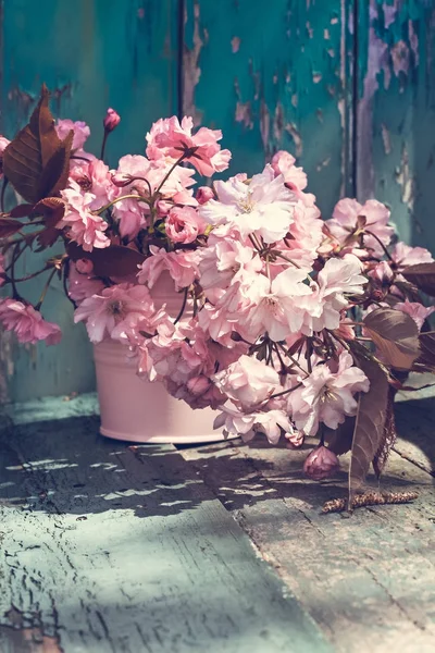 Stile Rustico Fondo Primavera Con Rosa Fiore Ciliegio Giapponese Vicino — Foto Stock