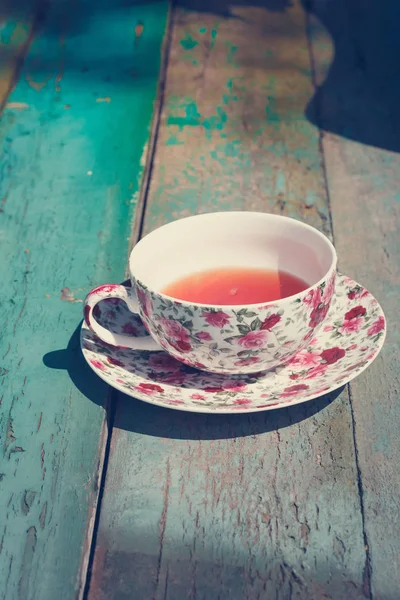 Beautiful English Vintage Teacup Japanese Cherry Tree Blossoms Close — Stock Photo, Image