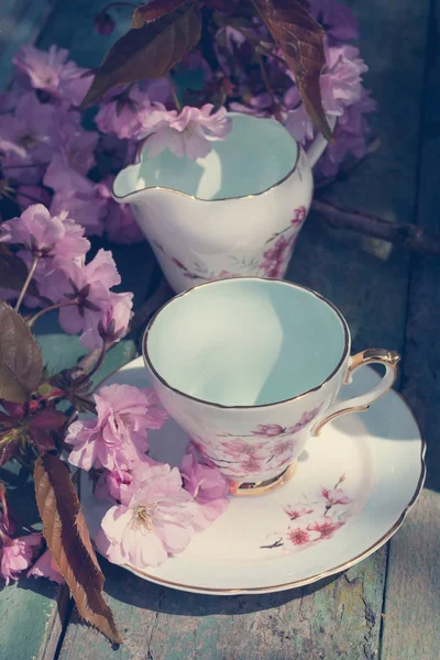 Vackra Engelska Vintage Tekopp Med Japanska Körsbärsträd Blommar Närbild — Stockfoto