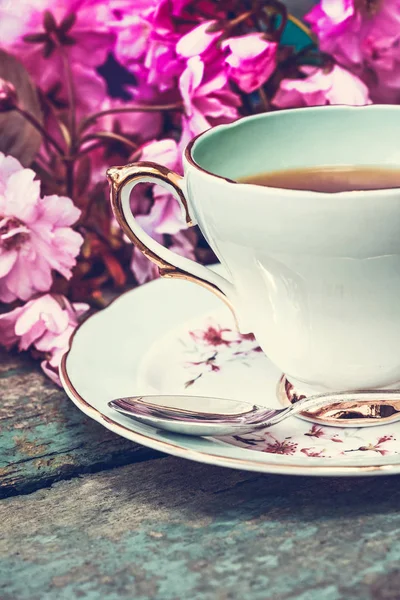 Beautiful English Vintage Teacup Japanese Cherry Tree Blossoms Close — Stock Photo, Image