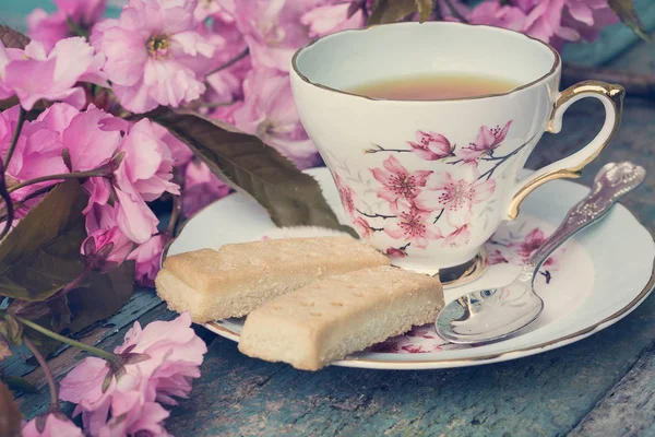 Hermosa Inglés Taza Vintage Con Flores Cerezo Japonés Cerca Upt —  Fotos de Stock