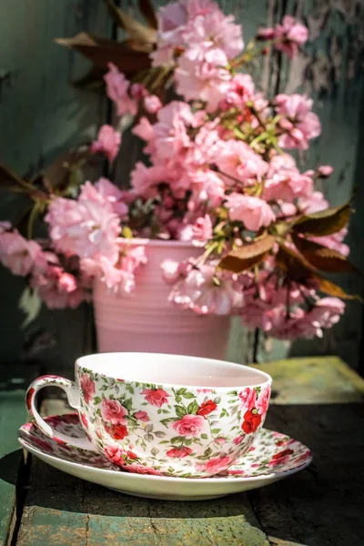 Linda Inglês Xícara Chá Vintage Com Flores Cerejeira Japonesa Close — Fotografia de Stock