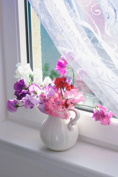 Γλυκό μπιζέλι λουλούδια σε ένα βάζο στο περβάζι του παραθύρου — Φωτογραφία Αρχείου