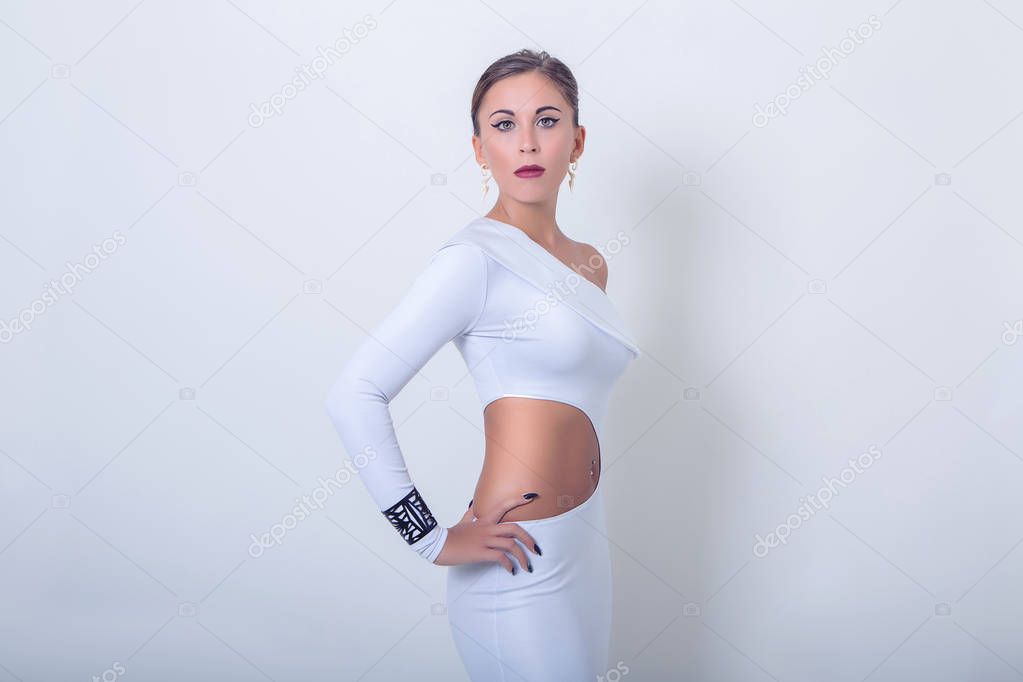 attractive slim girl in white clothes