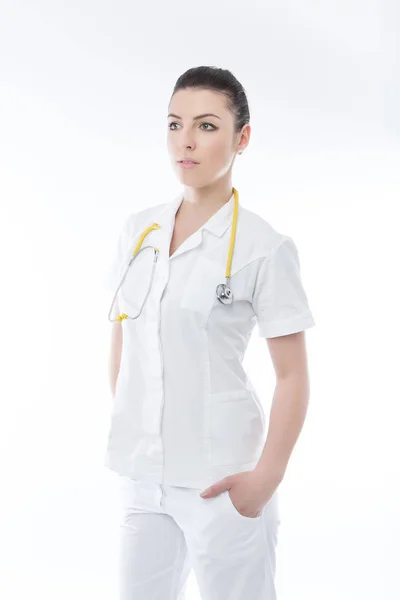 Positive medical doctor woman with stethoscope. Isolated white b — Stock Photo, Image