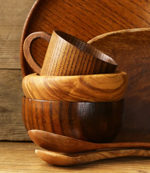 Empty wooden food bowls domestic utensil — Stock Photo, Image