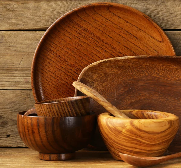 Empty wooden food bowls domestic utensil — Stock Photo, Image