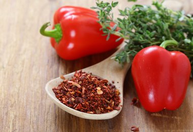 Öğütülmüş tatlı kırmızı biber bir tahta kaşık