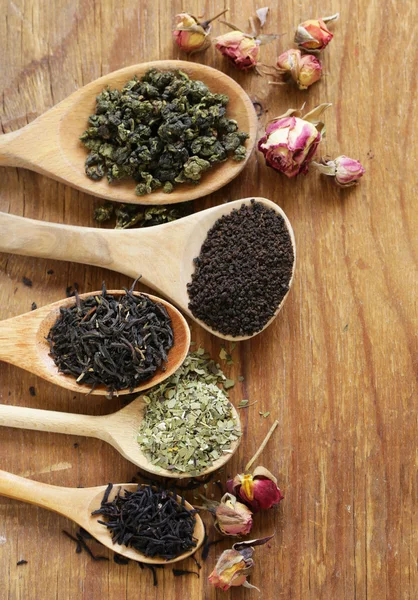 Various types of tea in a wooden spoon — Stock Photo, Image