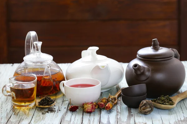 Tea Party Still Life assortment tea, black, green, fruit — Stock Photo, Image