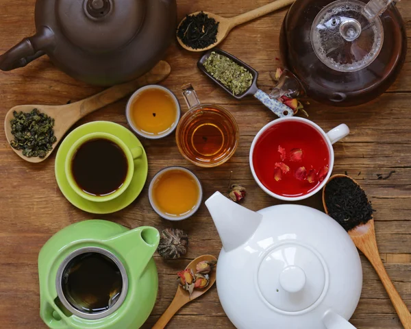 Tea Party Stillleben Sortiment Tee, schwarz, grün, Obst — Stockfoto