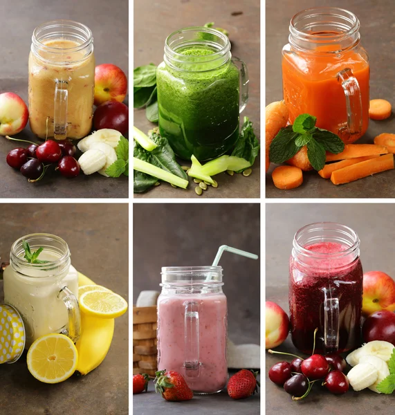 Collage instellen assortiment verse smoothies van groenten en fruit — Stockfoto