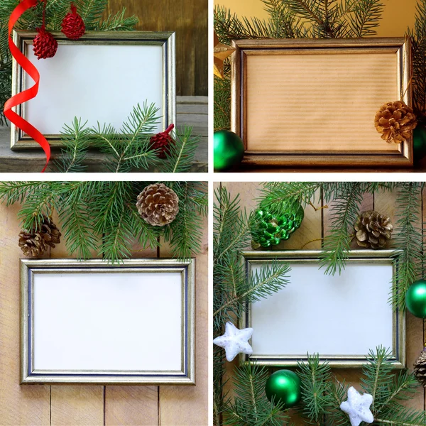 Collage, set gold frame and Christmas decorations — Stock Photo, Image