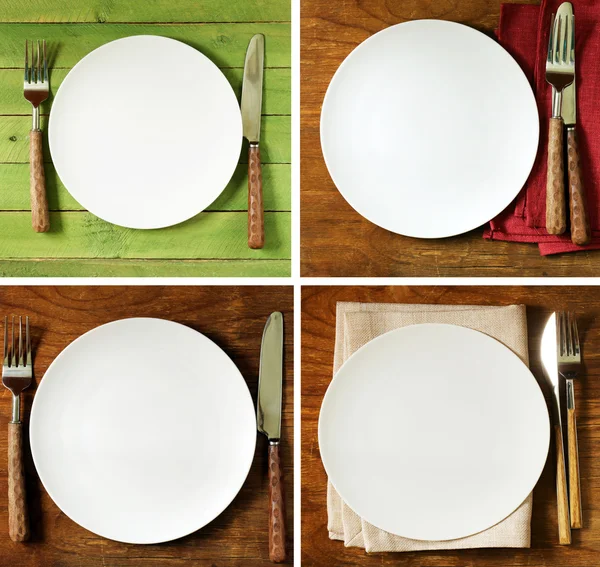 Collage, set empty plate with cutlery and napkin on wooden background — Stockfoto