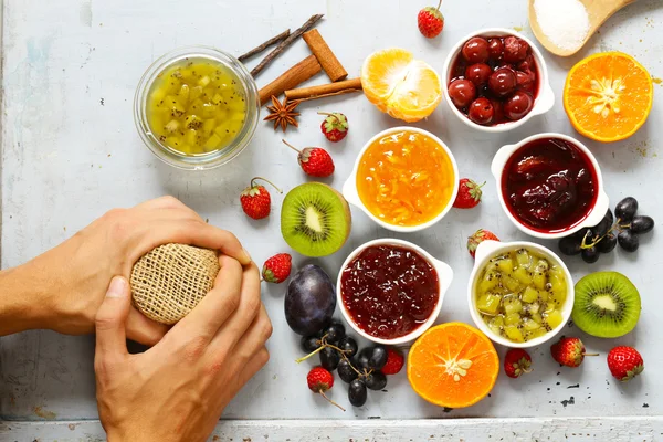 Assorted berries and fruit jams. Homemade canning. Fresh berries and fruits — Φωτογραφία Αρχείου