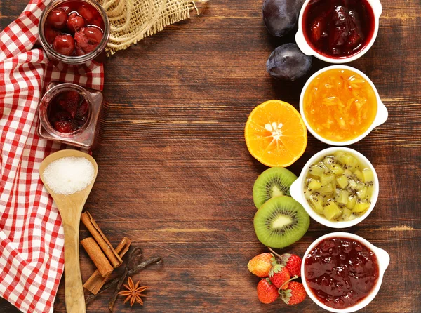 Assorted berries and fruit jams. Homemade canning. Fresh berries and fruits — Stock Photo, Image