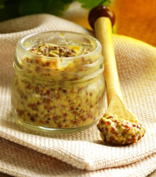 Traditional mustard sauce. Grain Dijon mustard. — Stock Photo, Image