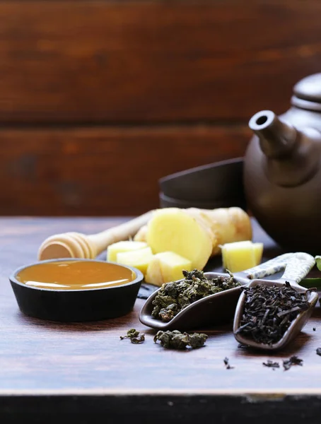 Tea set with ginger, lemon and honey — Stock Photo, Image