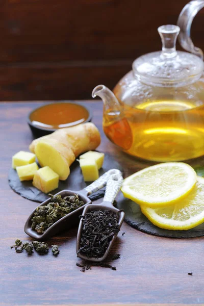 Set de té con jengibre, limón y miel — Foto de Stock