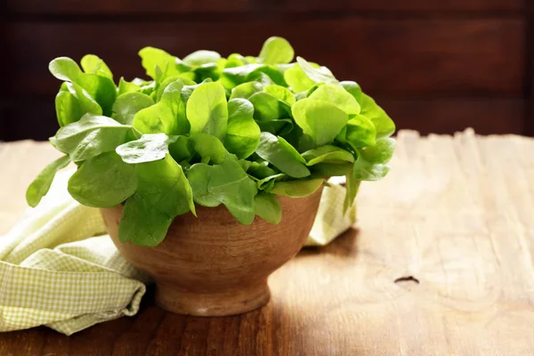 Fresh natural organic green salad leaves on a wooden table — Stock Photo, Image